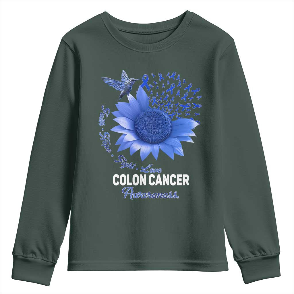Colon Cancer Support Youth Sweatshirt Faith Hope Fight Love Blue Sunflower Ribbon