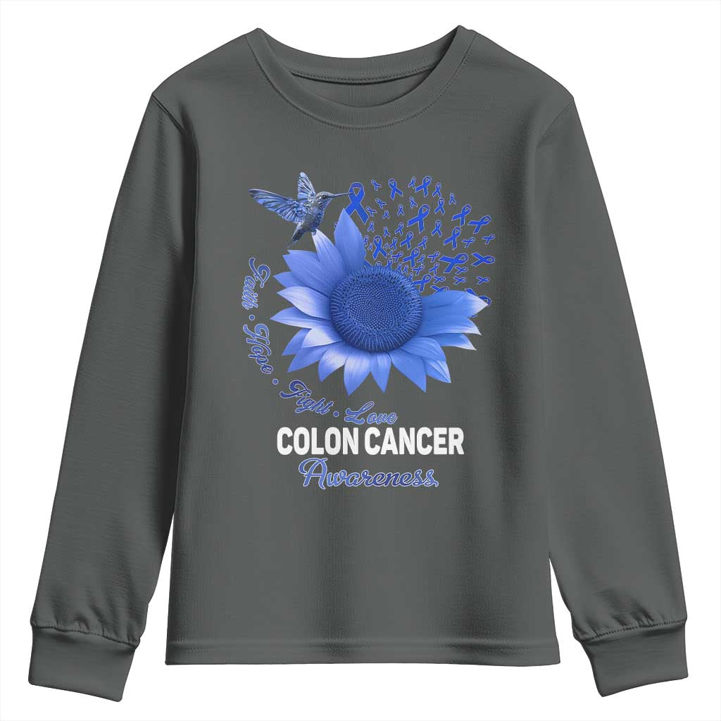 Colon Cancer Support Youth Sweatshirt Faith Hope Fight Love Blue Sunflower Ribbon