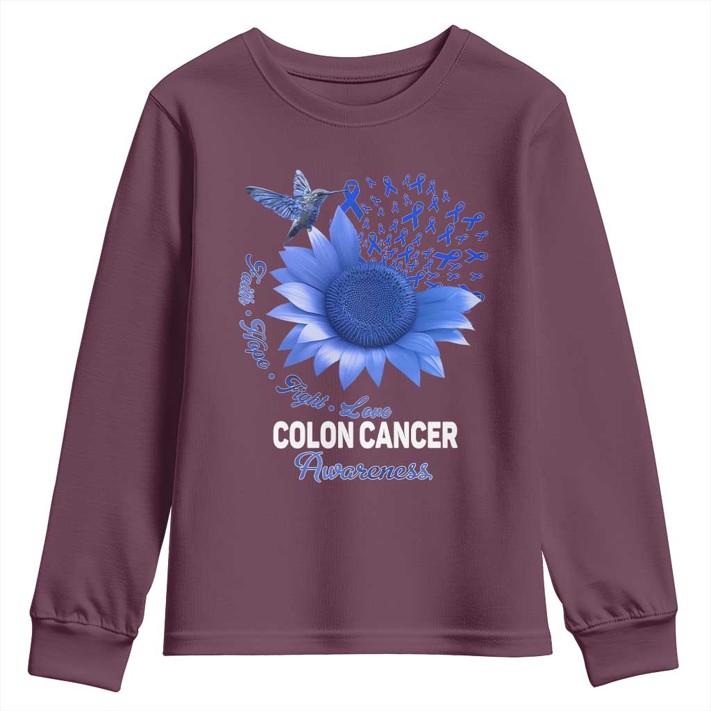Colon Cancer Support Youth Sweatshirt Faith Hope Fight Love Blue Sunflower Ribbon