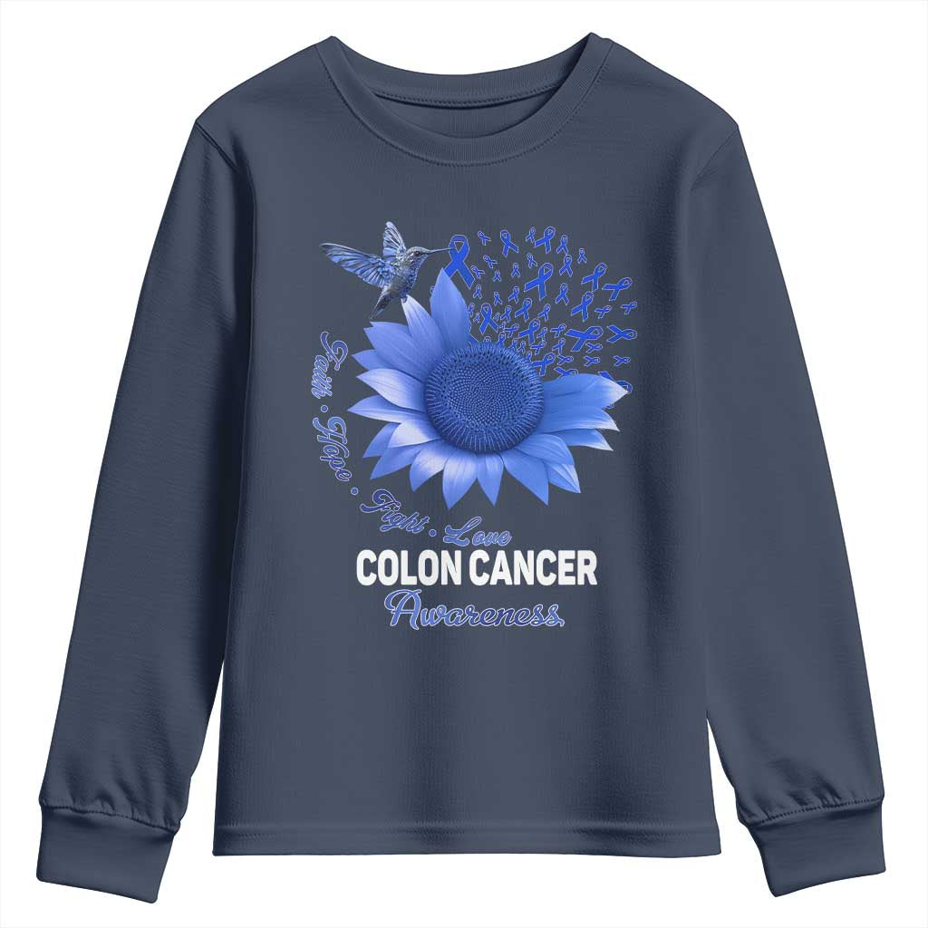 Colon Cancer Support Youth Sweatshirt Faith Hope Fight Love Blue Sunflower Ribbon
