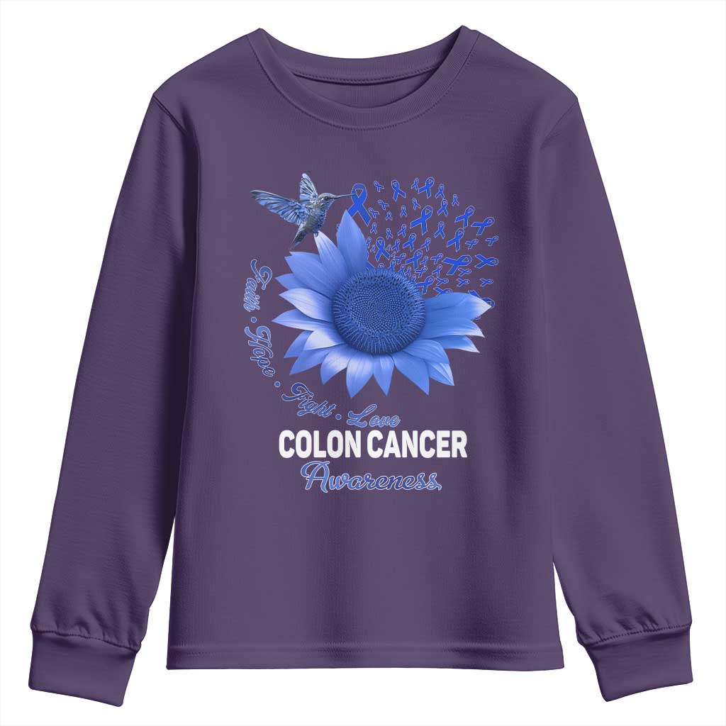 Colon Cancer Support Youth Sweatshirt Faith Hope Fight Love Blue Sunflower Ribbon