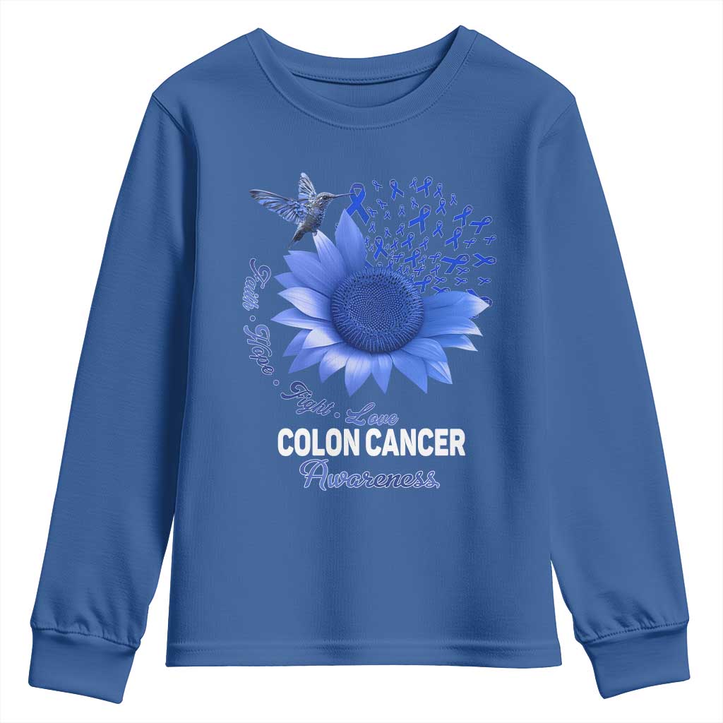 Colon Cancer Support Youth Sweatshirt Faith Hope Fight Love Blue Sunflower Ribbon