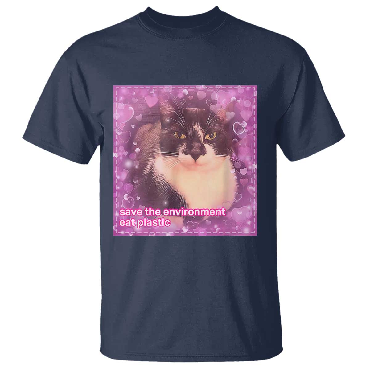 funny-save-the-environment-eat-plastic-t-shirt-cat-meme