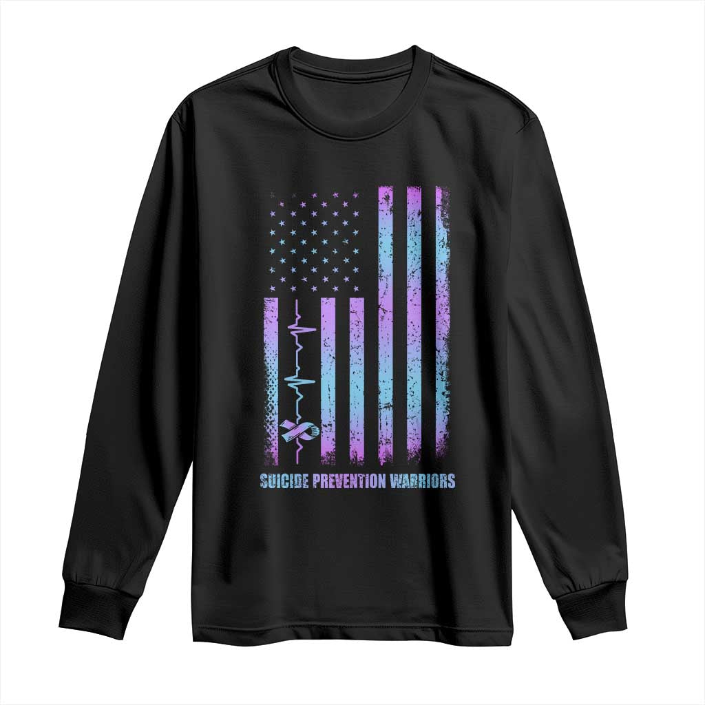 Suicide Prevention Warriors Long Sleeve Shirt American Flag Heartbeat Ribbon