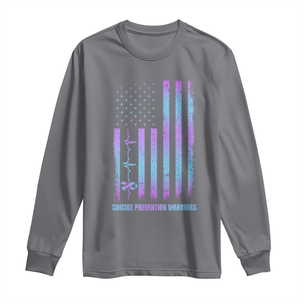 Suicide Prevention Warriors Long Sleeve Shirt American Flag Heartbeat Ribbon