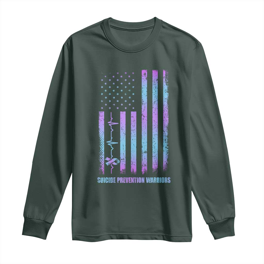 Suicide Prevention Warriors Long Sleeve Shirt American Flag Heartbeat Ribbon
