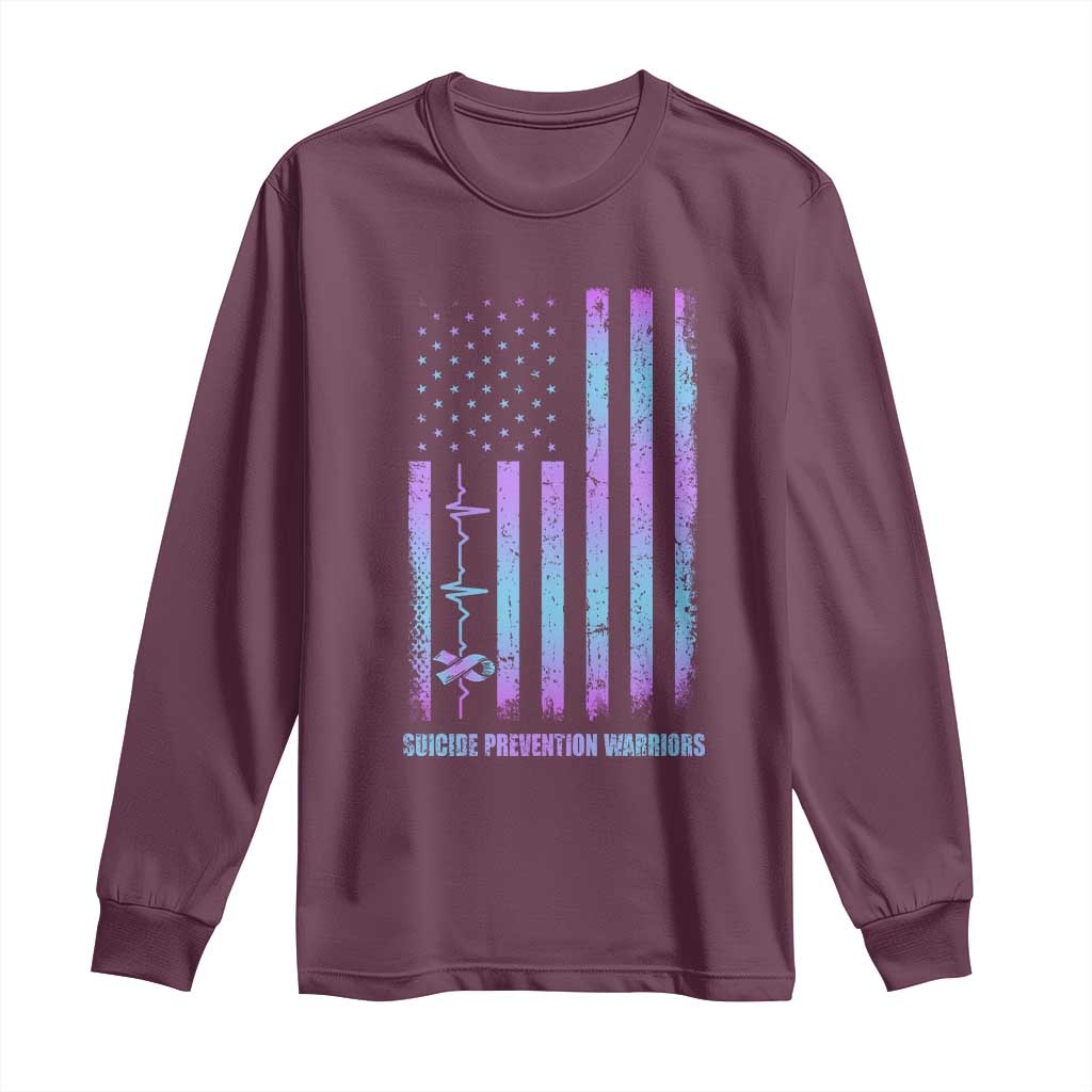 Suicide Prevention Warriors Long Sleeve Shirt American Flag Heartbeat Ribbon