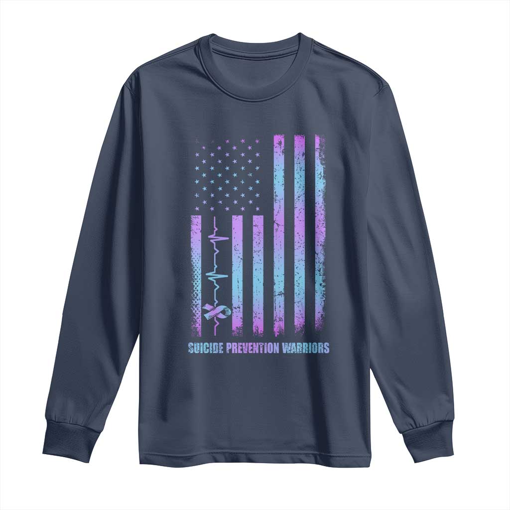 Suicide Prevention Warriors Long Sleeve Shirt American Flag Heartbeat Ribbon