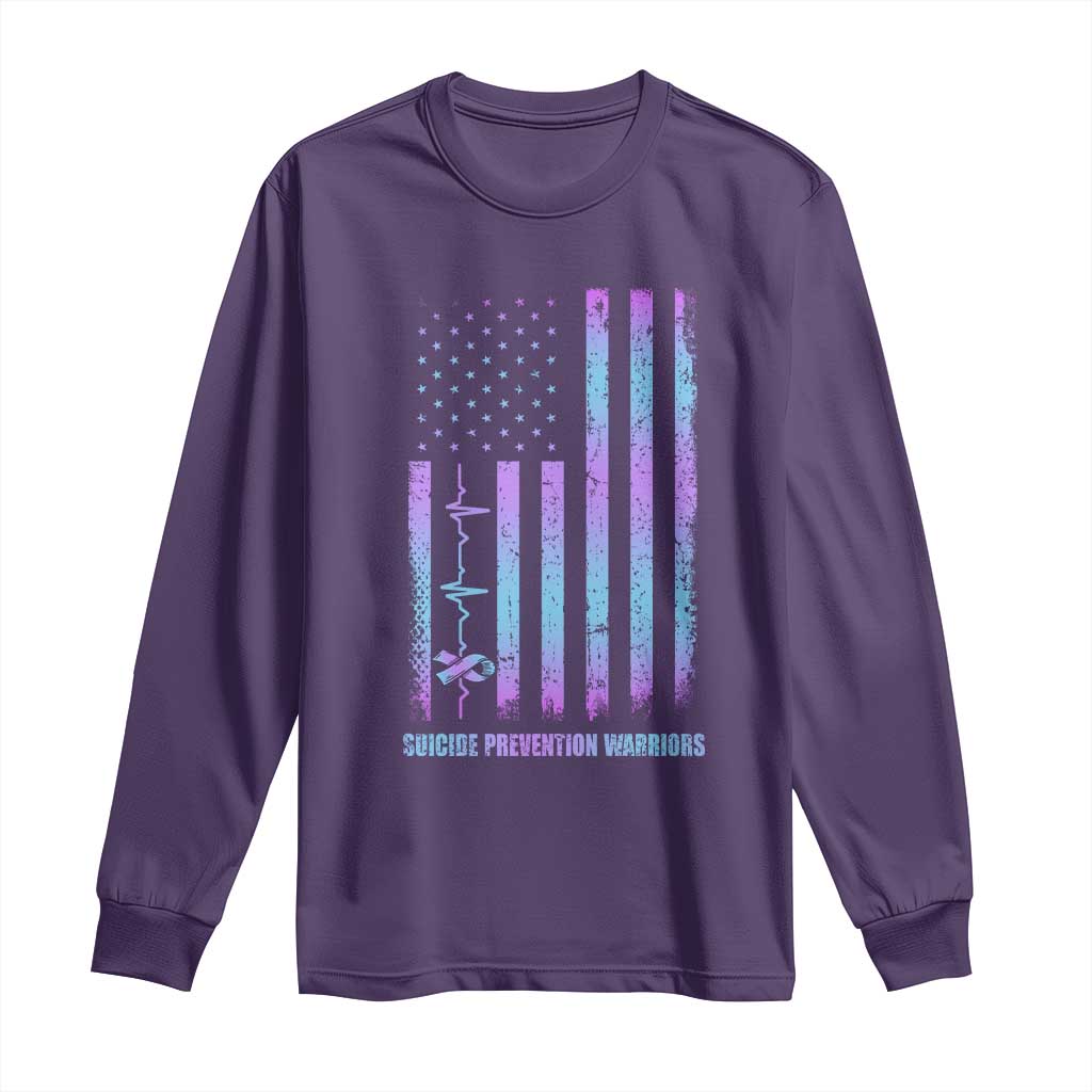 Suicide Prevention Warriors Long Sleeve Shirt American Flag Heartbeat Ribbon