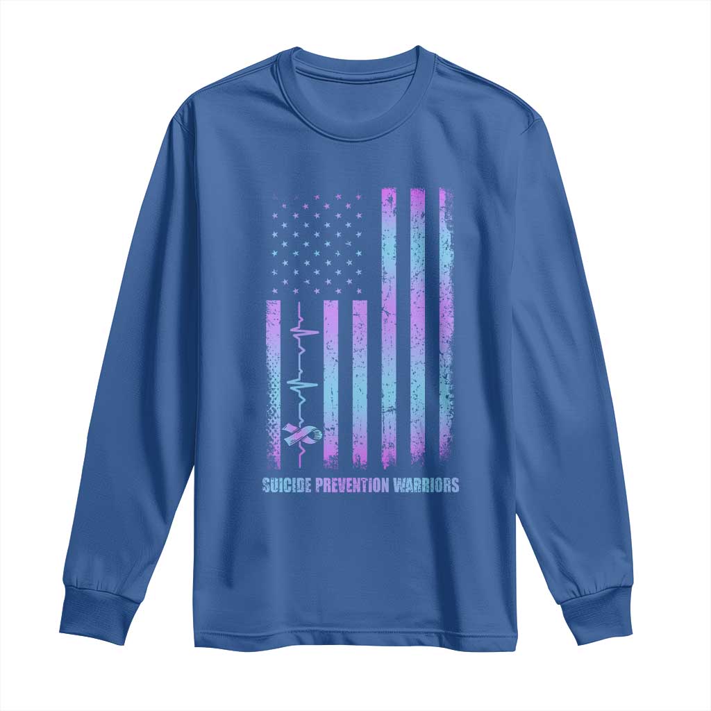 Suicide Prevention Warriors Long Sleeve Shirt American Flag Heartbeat Ribbon
