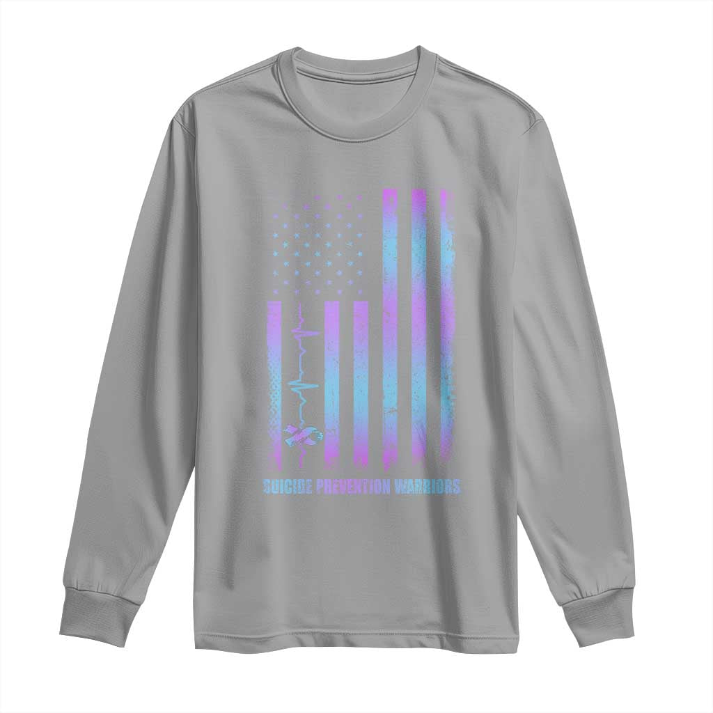 Suicide Prevention Warriors Long Sleeve Shirt American Flag Heartbeat Ribbon