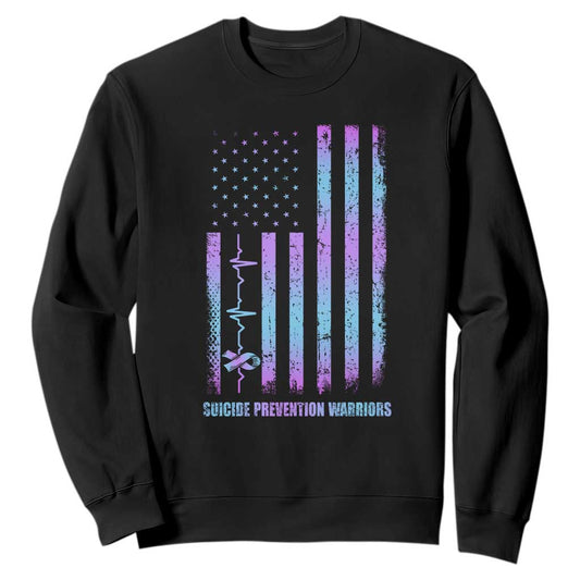 Suicide Prevention Warriors Sweatshirt American Flag Heartbeat Ribbon