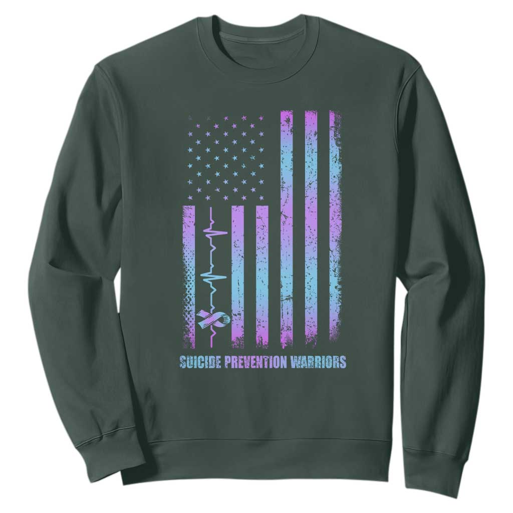 Suicide Prevention Warriors Sweatshirt American Flag Heartbeat Ribbon