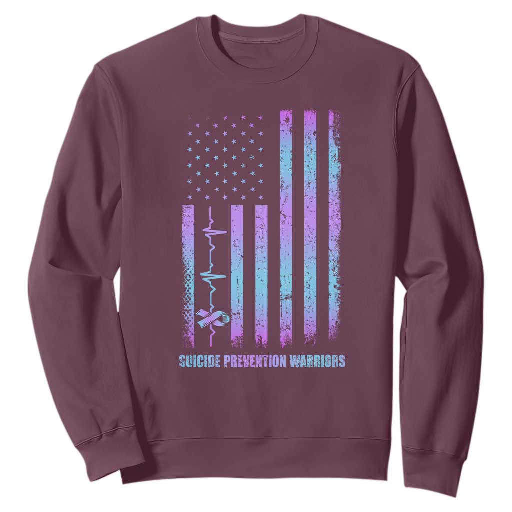 Suicide Prevention Warriors Sweatshirt American Flag Heartbeat Ribbon