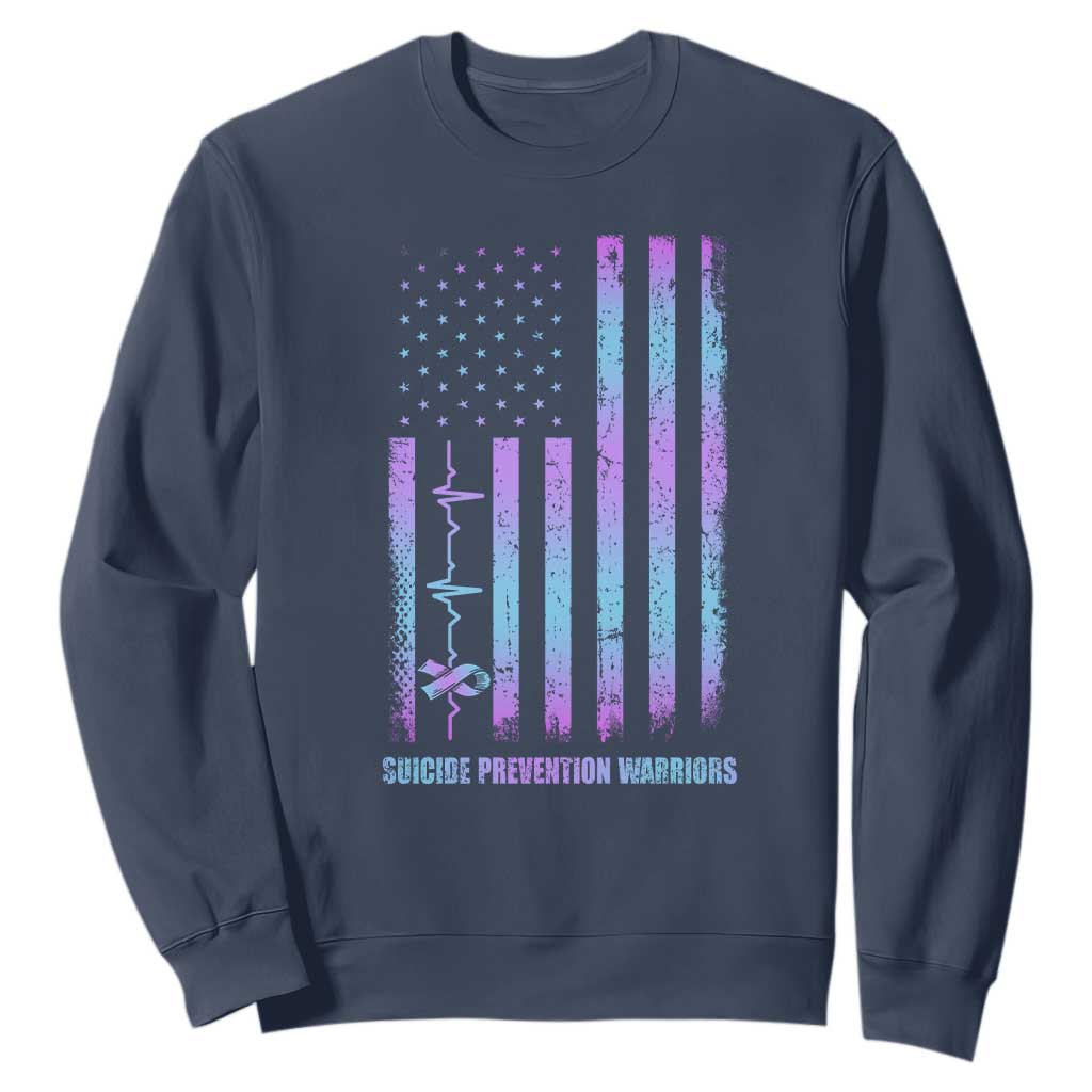 Suicide Prevention Warriors Sweatshirt American Flag Heartbeat Ribbon