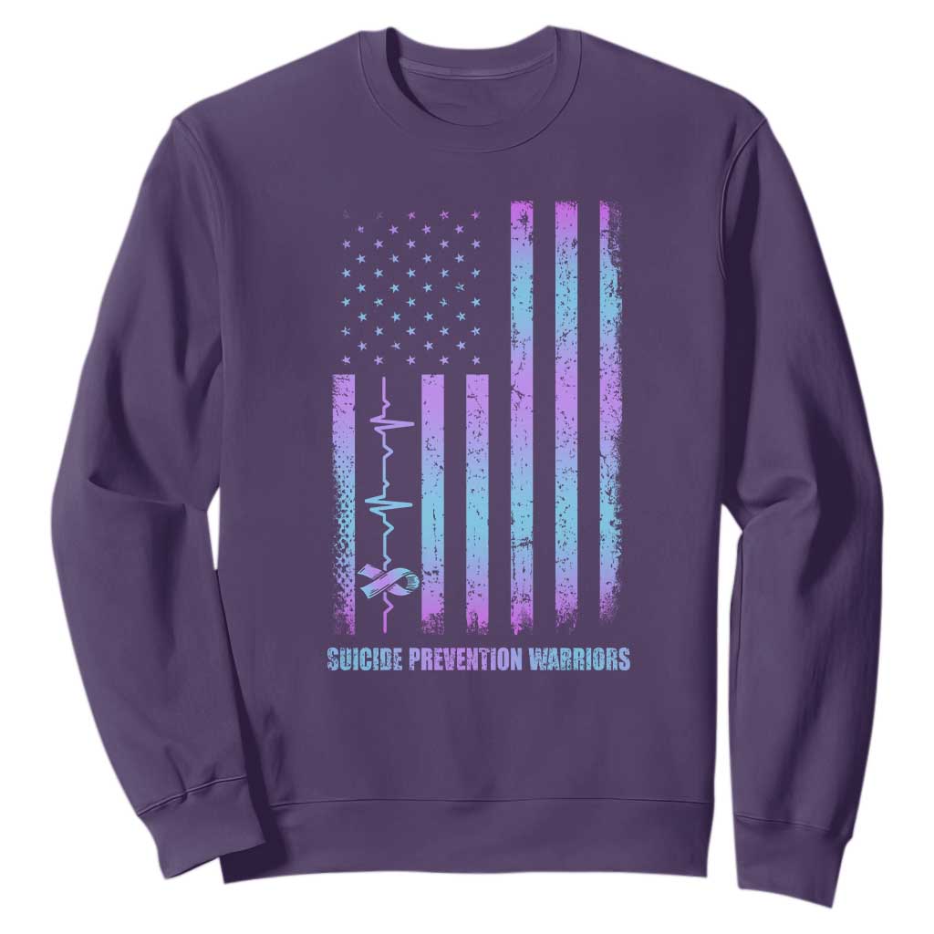Suicide Prevention Warriors Sweatshirt American Flag Heartbeat Ribbon