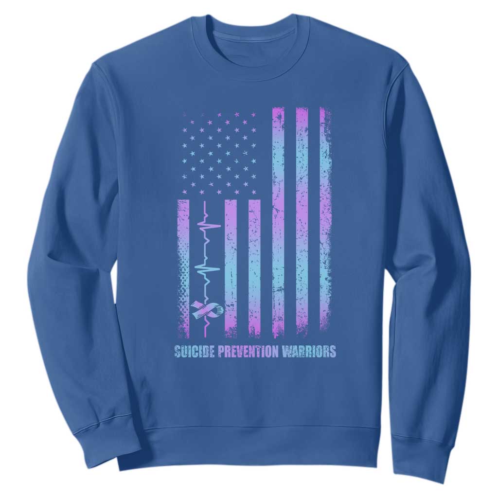 Suicide Prevention Warriors Sweatshirt American Flag Heartbeat Ribbon