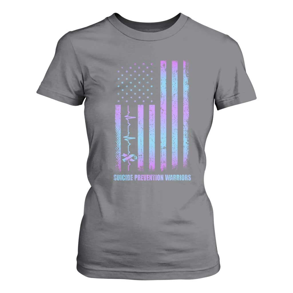 Suicide Prevention Warriors T Shirt For Women American Flag Heartbeat Ribbon