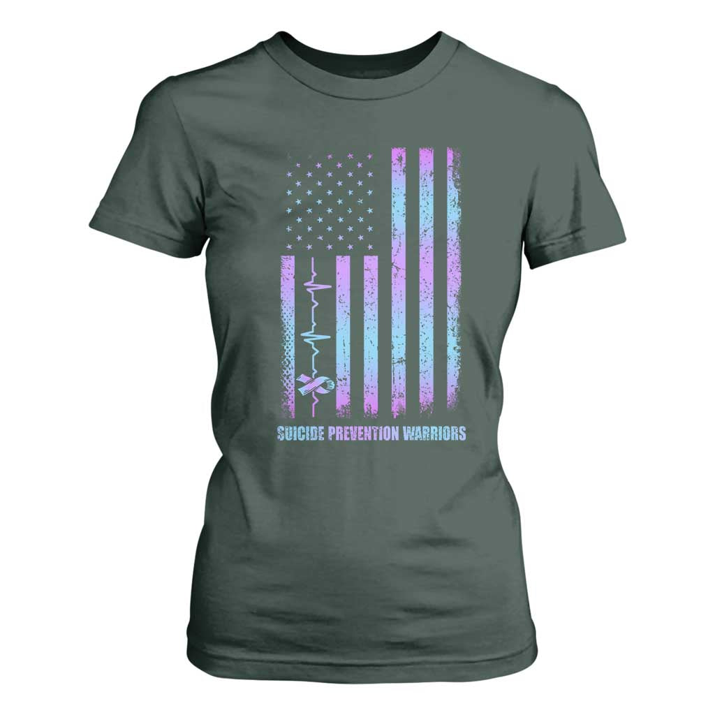 Suicide Prevention Warriors T Shirt For Women American Flag Heartbeat Ribbon