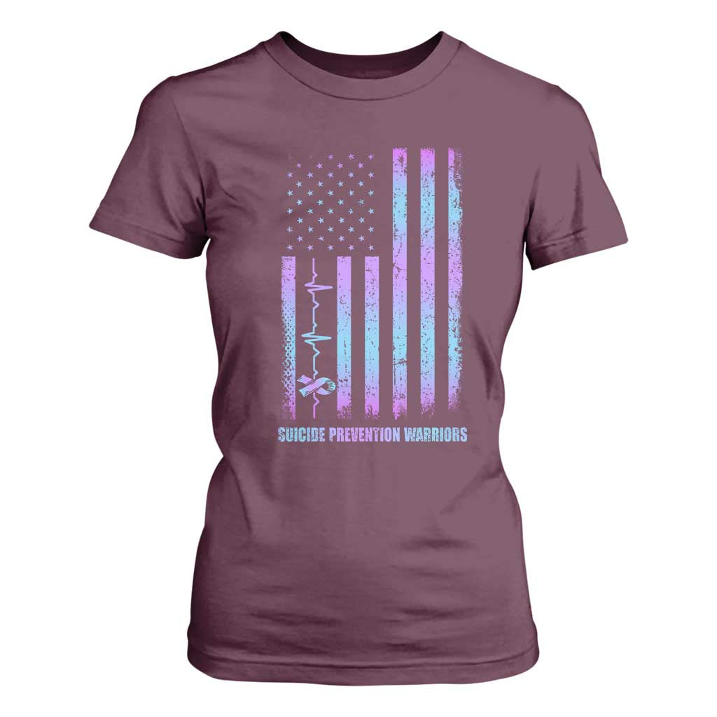 Suicide Prevention Warriors T Shirt For Women American Flag Heartbeat Ribbon