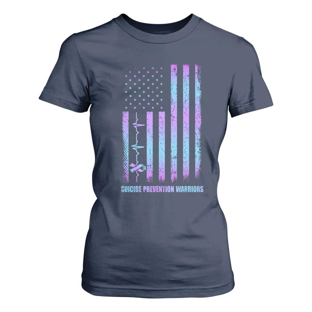 Suicide Prevention Warriors T Shirt For Women American Flag Heartbeat Ribbon
