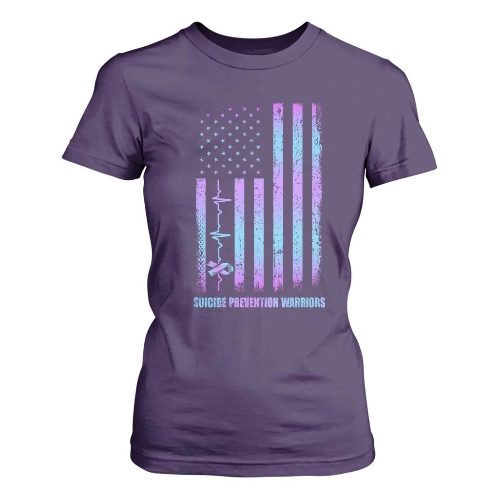 Suicide Prevention Warriors T Shirt For Women American Flag Heartbeat Ribbon