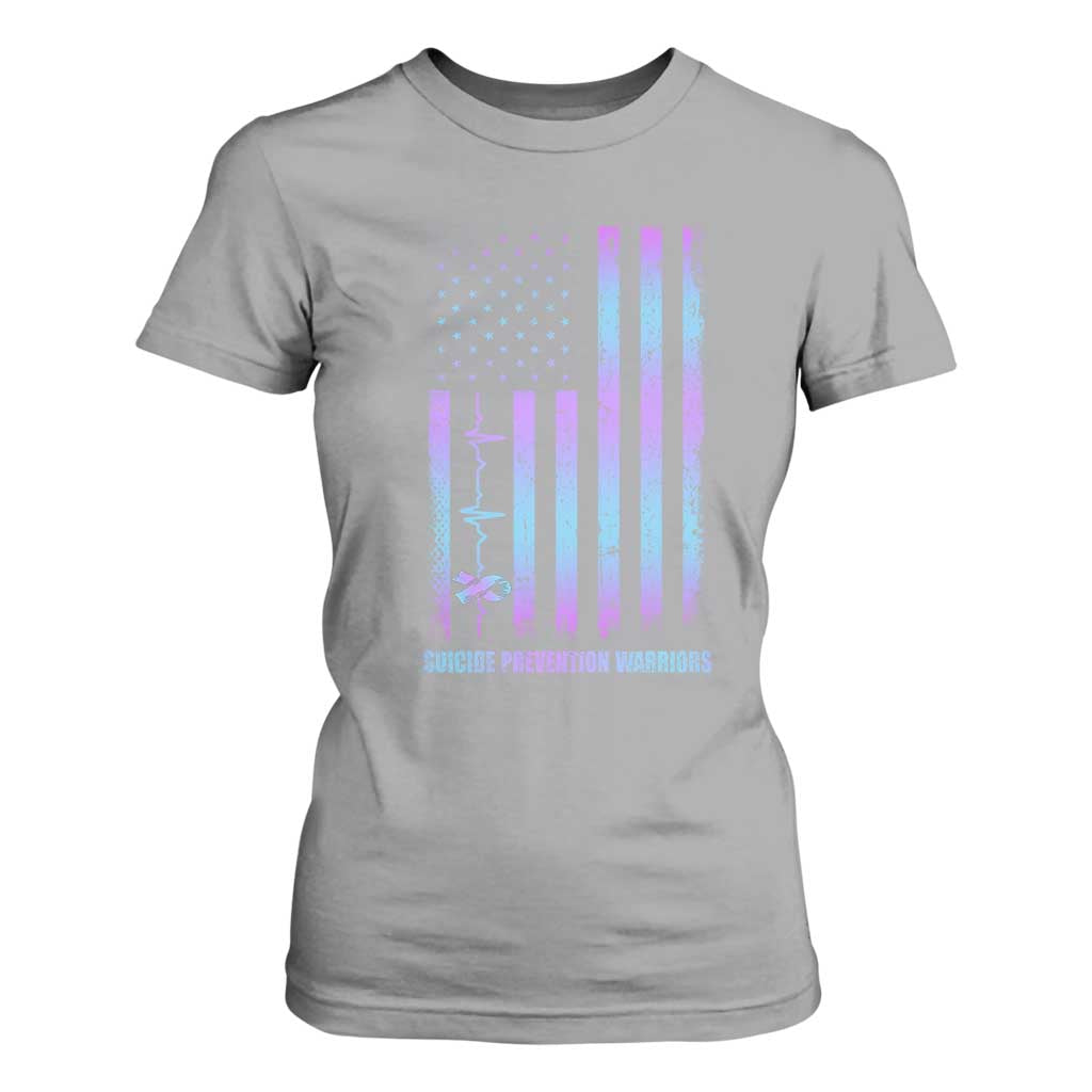 Suicide Prevention Warriors T Shirt For Women American Flag Heartbeat Ribbon