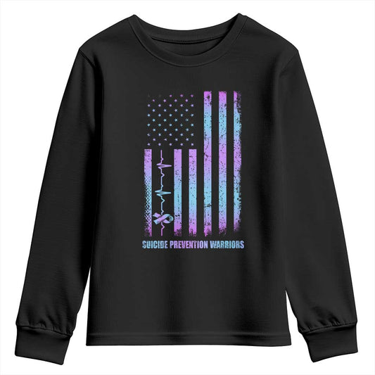 Suicide Prevention Warriors Youth Sweatshirt American Flag Heartbeat Ribbon
