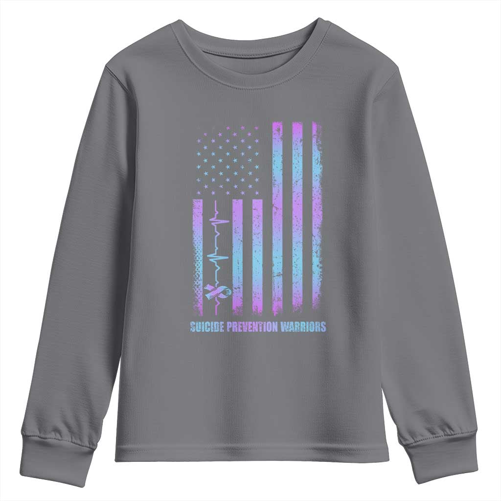Suicide Prevention Warriors Youth Sweatshirt American Flag Heartbeat Ribbon