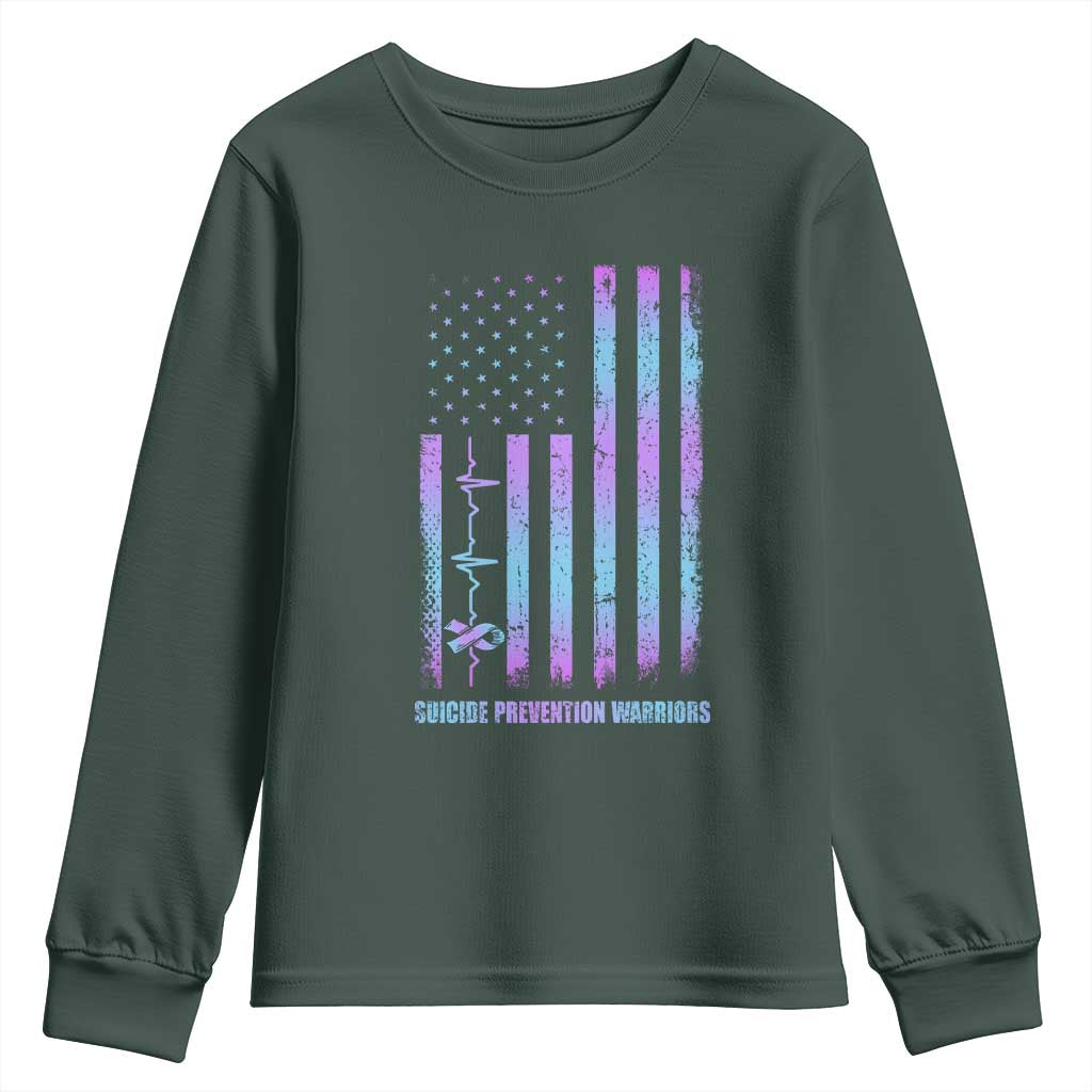 Suicide Prevention Warriors Youth Sweatshirt American Flag Heartbeat Ribbon