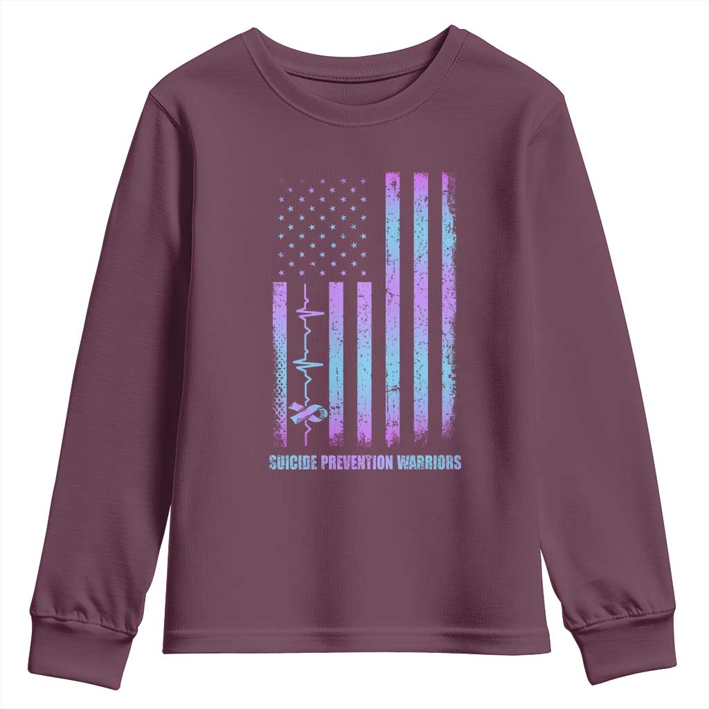 Suicide Prevention Warriors Youth Sweatshirt American Flag Heartbeat Ribbon