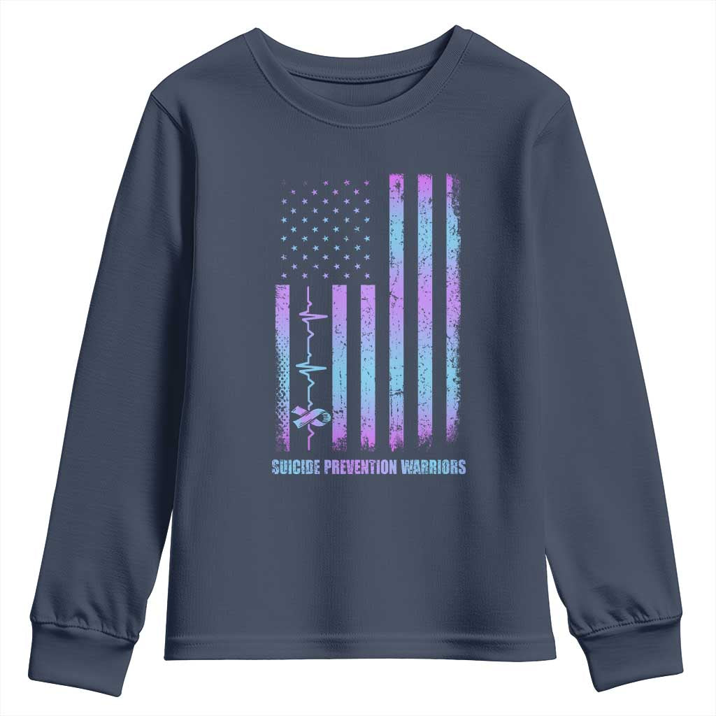 Suicide Prevention Warriors Youth Sweatshirt American Flag Heartbeat Ribbon
