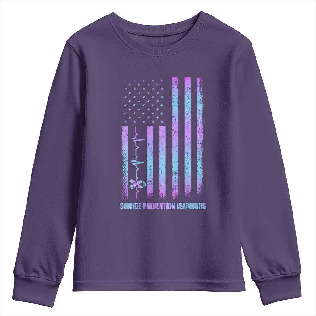 Suicide Prevention Warriors Youth Sweatshirt American Flag Heartbeat Ribbon