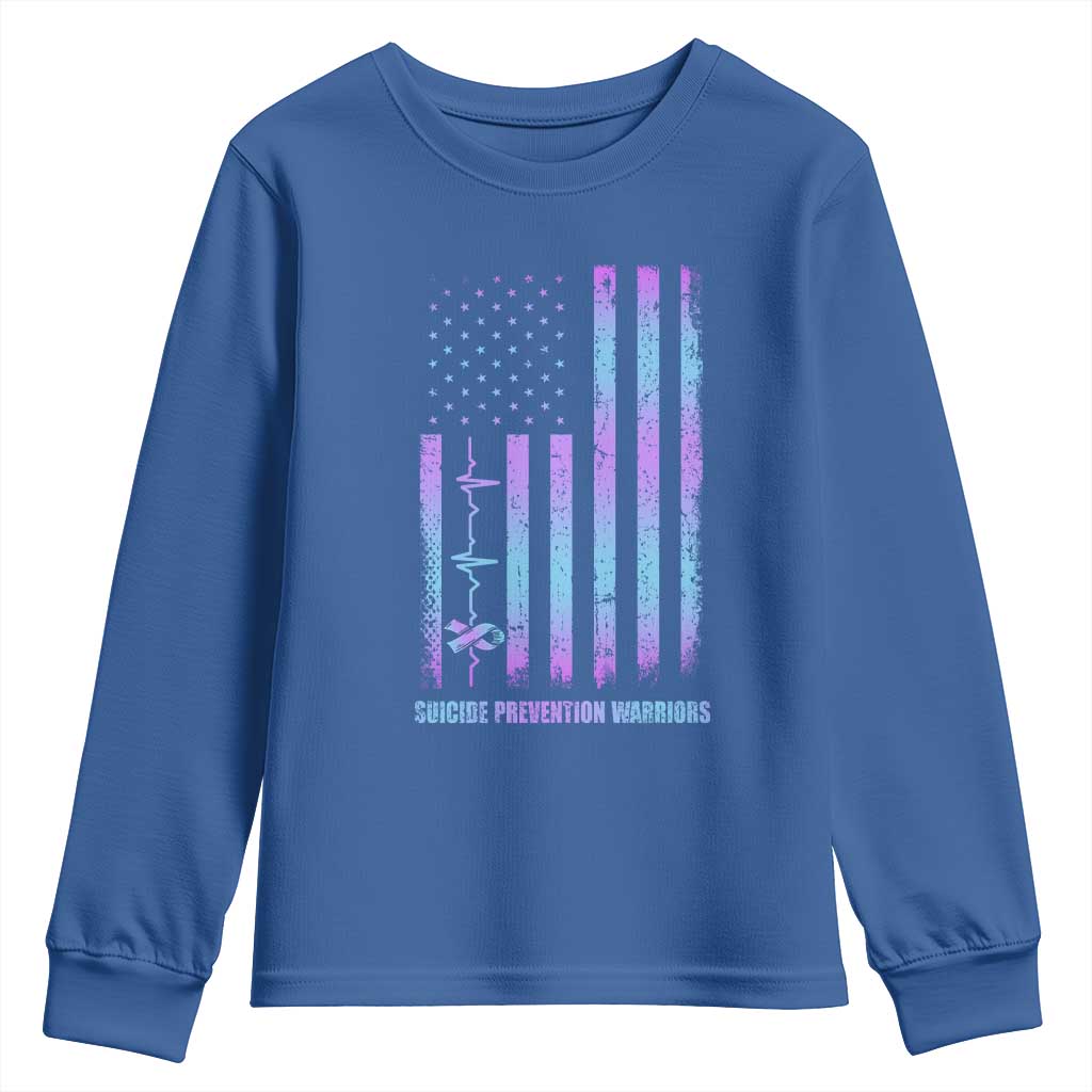 Suicide Prevention Warriors Youth Sweatshirt American Flag Heartbeat Ribbon