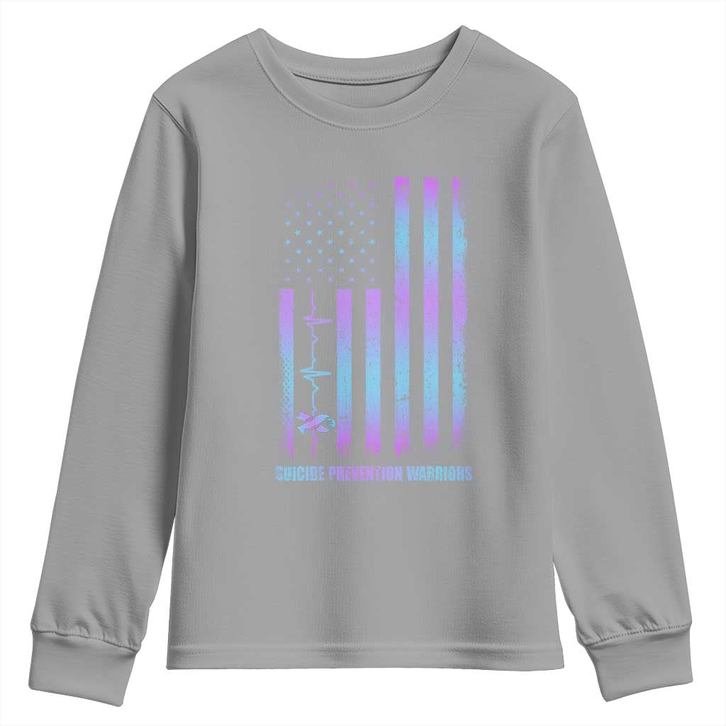Suicide Prevention Warriors Youth Sweatshirt American Flag Heartbeat Ribbon