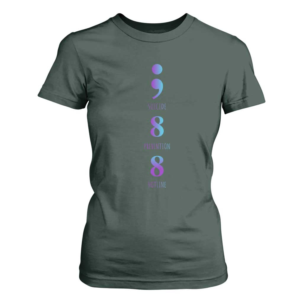 Suicide Prevention Support T Shirt For Women 988 Suicide Prevention Hotline 988 Purple Teal Semicolon