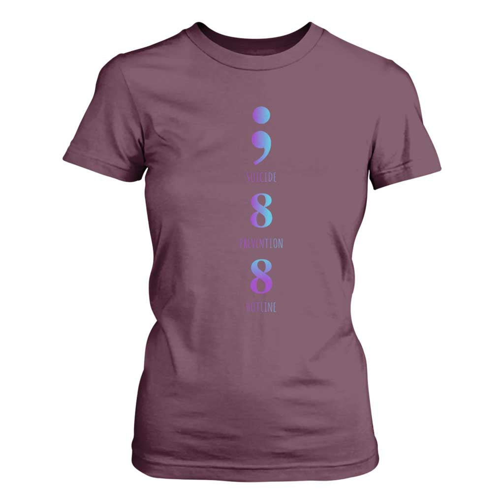 Suicide Prevention Support T Shirt For Women 988 Suicide Prevention Hotline 988 Purple Teal Semicolon