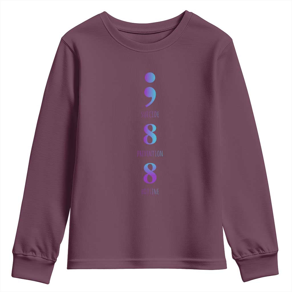 Suicide Prevention Support Youth Sweatshirt 988 Suicide Prevention Hotline 988 Purple Teal Semicolon