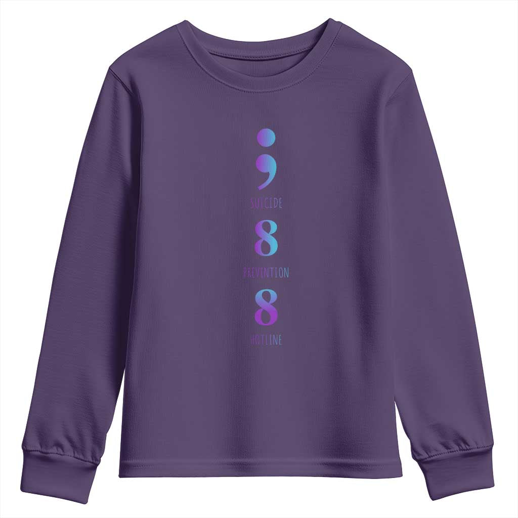Suicide Prevention Support Youth Sweatshirt 988 Suicide Prevention Hotline 988 Purple Teal Semicolon