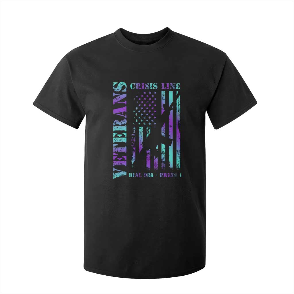 Suicide Prevention Support T Shirt For Kid Veterans Crisis Line Dial 988 Press 1 American Flag Gun