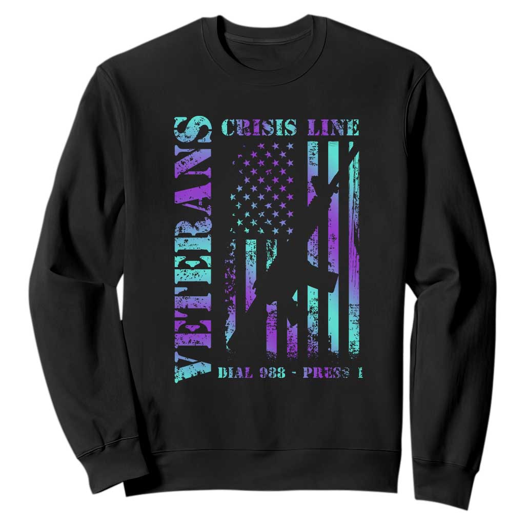 Suicide Prevention Support Sweatshirt Veterans Crisis Line Dial 988 Press 1 American Flag Gun