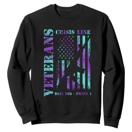 Suicide Prevention Support Sweatshirt Veterans Crisis Line Dial 988 Press 1 American Flag Gun