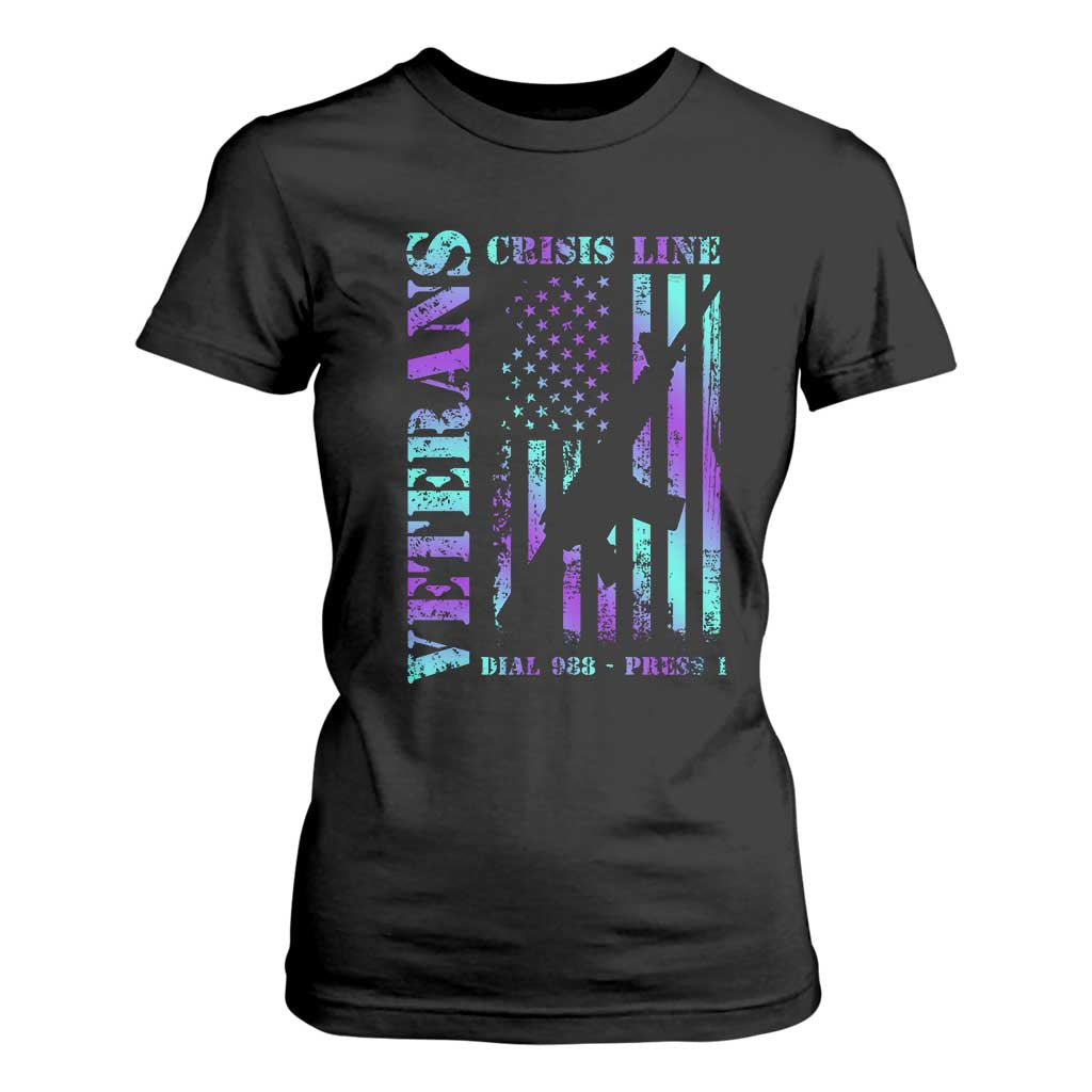 Suicide Prevention Support T Shirt For Women Veterans Crisis Line Dial 988 Press 1 American Flag Gun