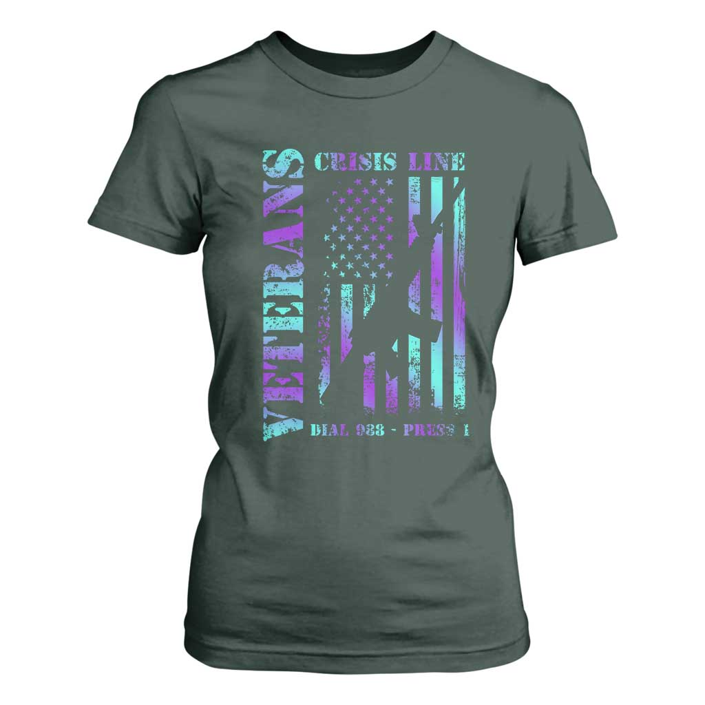 Suicide Prevention Support T Shirt For Women Veterans Crisis Line Dial 988 Press 1 American Flag Gun