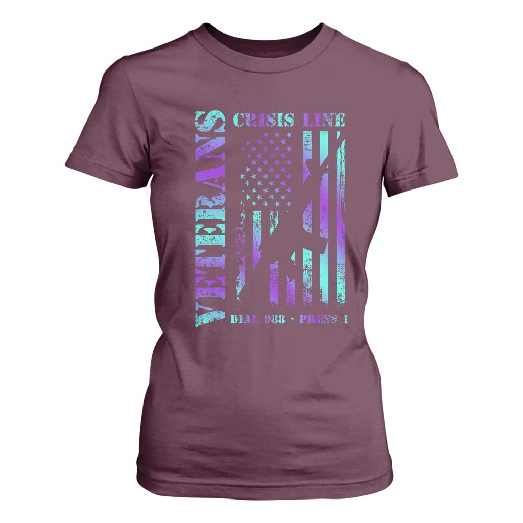 Suicide Prevention Support T Shirt For Women Veterans Crisis Line Dial 988 Press 1 American Flag Gun