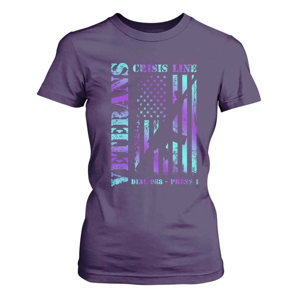 Suicide Prevention Support T Shirt For Women Veterans Crisis Line Dial 988 Press 1 American Flag Gun