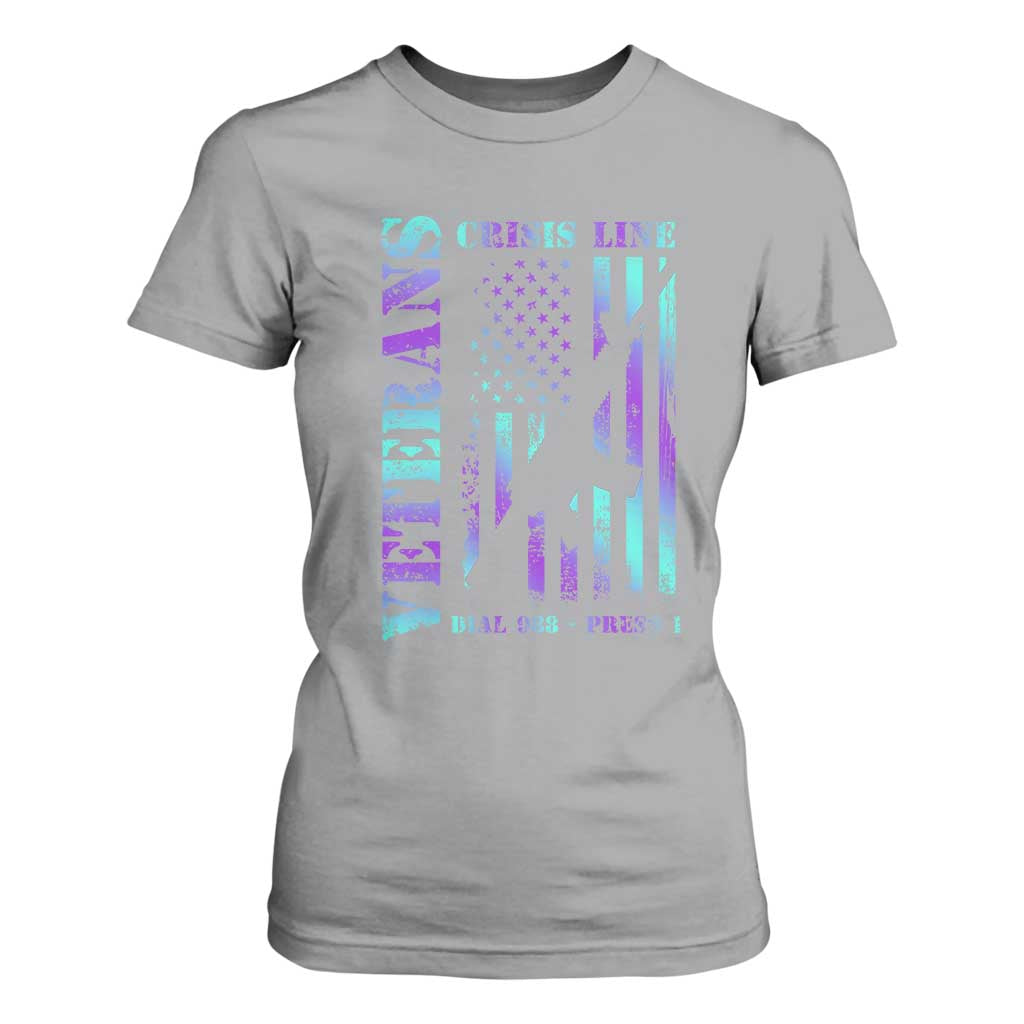 Suicide Prevention Support T Shirt For Women Veterans Crisis Line Dial 988 Press 1 American Flag Gun