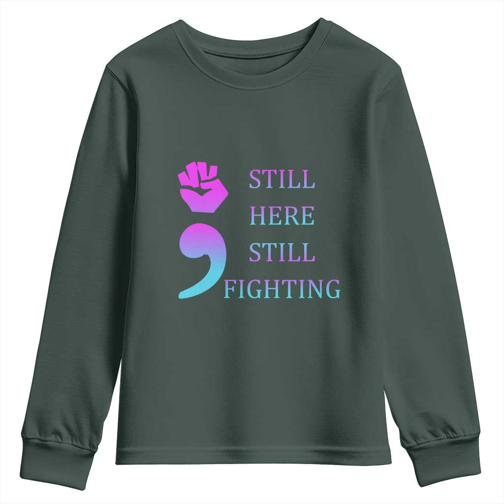 Suicide Prevention Support Youth Sweatshirt Still Here Still Fighting Semicolon Hand Fist