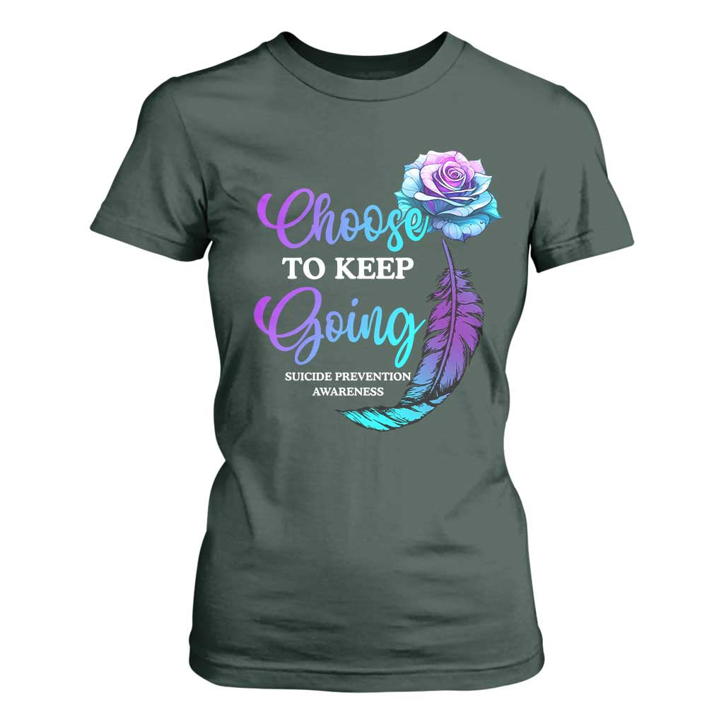 Suicide Prevention Support T Shirt For Women Choose To Keep Going Semicolon Rose Feather