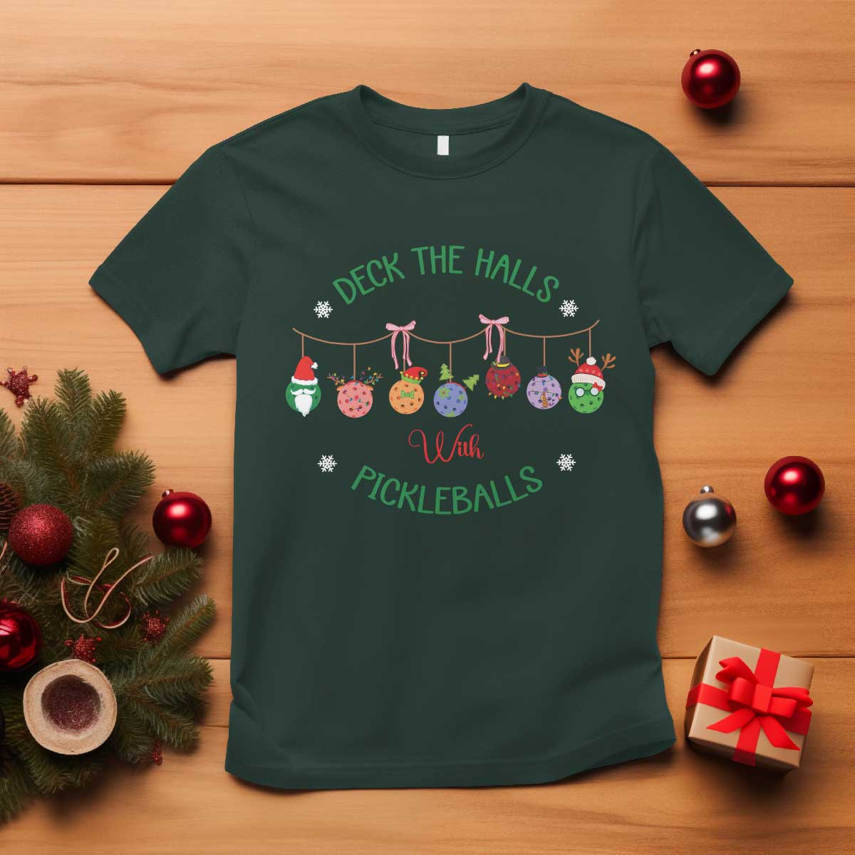 funny-christmas-pickleball-t-shirt-deck-the-halls-with-pickleballs-santa-hat